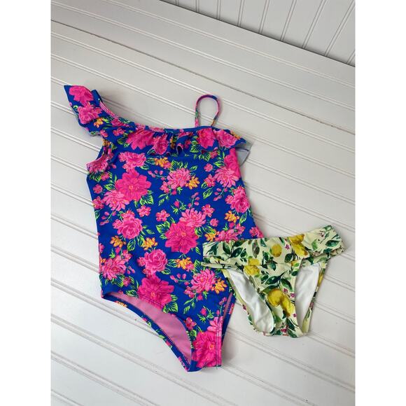Catherine Malandrino Floral One Shoulder Bathing suit & Pilyq Bottom Set 7-8 yo - Picture 1 of 7